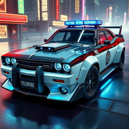 A sleek, heavily-armored police sedan named 'The Enforcer', showcasing a fusion of vintage muscle car aesthetics and futuristic technology