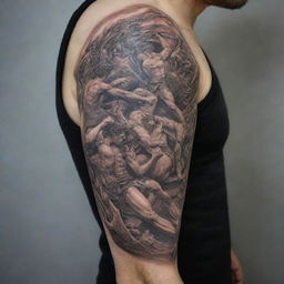 A full arm tattoo design depicting an epic war in ancient Greece, with standout images prominently featuring Greek boxing and Greco-Roman wrestling amidst the chaos of battle.