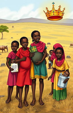 A poignant illustration depicting six Maasai young girls navigating challenges in their pursuit of sexual purity