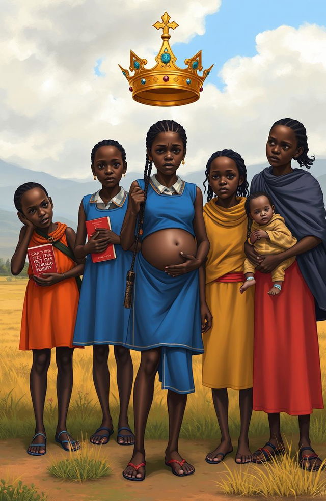 A poignant illustration depicting six Maasai young girls navigating challenges in their pursuit of sexual purity