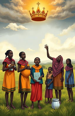 A poignant illustration depicting six Maasai young girls navigating challenges in their pursuit of sexual purity