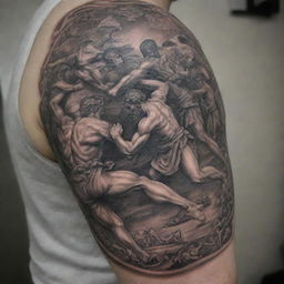 A full arm tattoo design depicting an epic war in ancient Greece, with standout images prominently featuring Greek boxing and Greco-Roman wrestling amidst the chaos of battle.