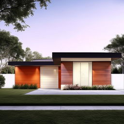 Generate a front elevation view of a single-story house in a modern architectural style