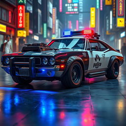 A heavily-armored police sedan named The Enforcer, combining vintage muscle car aesthetics with modern cyberpunk technology