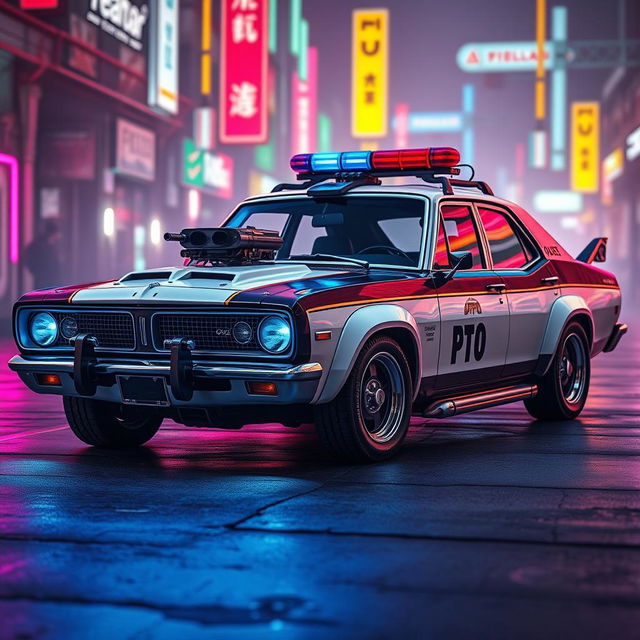 A heavily-armored police sedan named The Enforcer, combining vintage muscle car aesthetics with modern cyberpunk technology