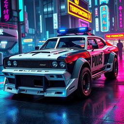 A heavily-armored police sedan named The Enforcer, combining vintage muscle car aesthetics with modern cyberpunk technology