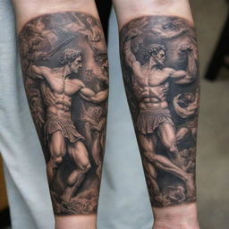 A full arm tattoo design depicting an epic war in ancient Greece, with standout images prominently featuring Greek boxing and Greco-Roman wrestling amidst the chaos of battle.