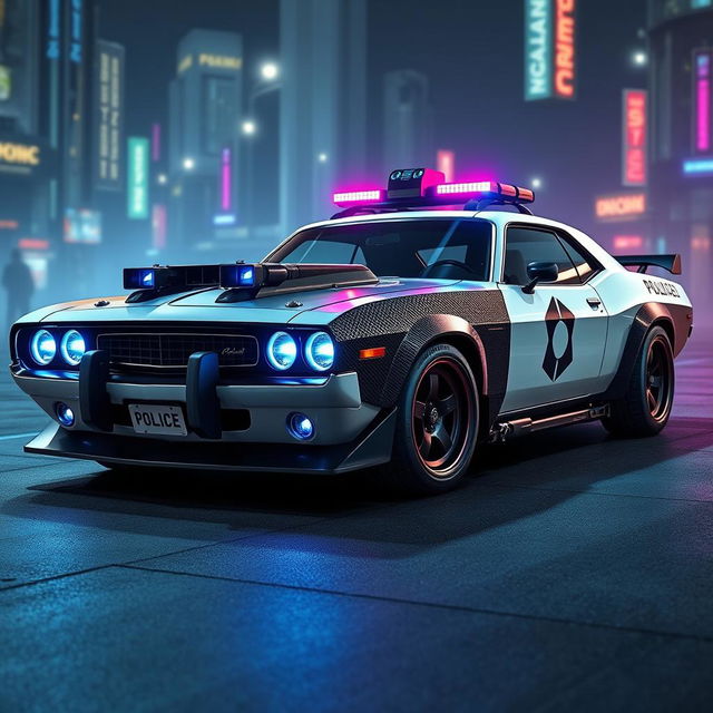 A sleek, heavily-armored police car showcasing a blend of vintage muscle car aesthetics and cutting-edge technology