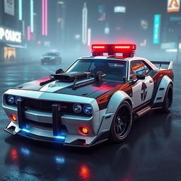 A sleek, heavily-armored police car showcasing a blend of vintage muscle car aesthetics and cutting-edge technology