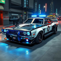 A sleek, heavily-armored police car showcasing a blend of vintage muscle car aesthetics and cutting-edge technology