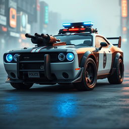 A sleek, heavily-armored police car showcasing a blend of vintage muscle car aesthetics and cutting-edge technology