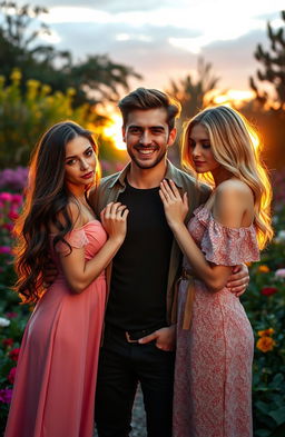 A dramatic love triangle scene featuring two beautiful sisters with contrasting styles, one with long flowing brunette hair in a romantic dress, the other with short blonde hair in a chic outfit