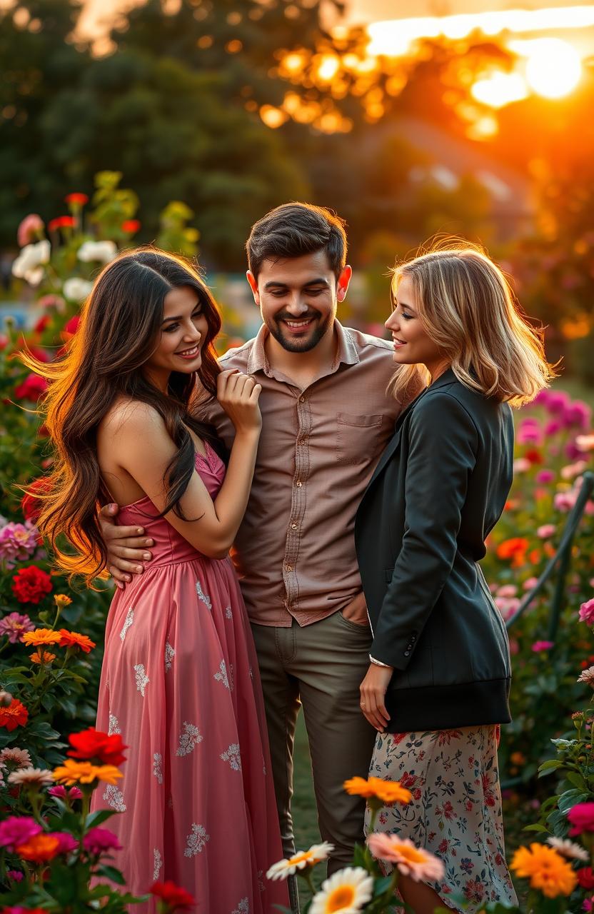 A dramatic love triangle scene featuring two beautiful sisters with contrasting styles, one with long flowing brunette hair in a romantic dress, the other with short blonde hair in a chic outfit