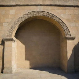 A regal and ancient stone archway standing proudly on its dais, casting long shadows.