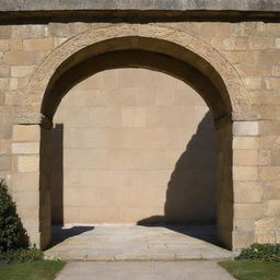 A regal and ancient stone archway standing proudly on its dais, casting long shadows.