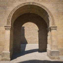 A regal and ancient stone archway standing proudly on its dais, casting long shadows.