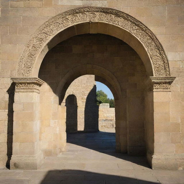 A regal and ancient stone archway standing proudly on its dais, casting long shadows.