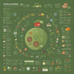 Create an infographic, filled with graphs, icons and illustrations depicting various aspects of sustainable food, including organic farming, locally sourced crops, vegan meals, and zero waste practices.