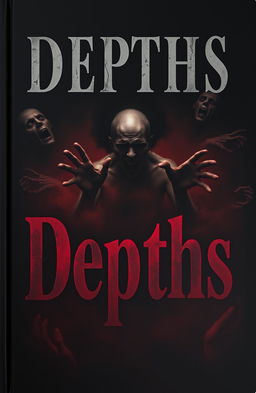 A book cover for "Depths" dominated by deep darkness, blended with tones of black and dark red, creating an oppressive atmosphere