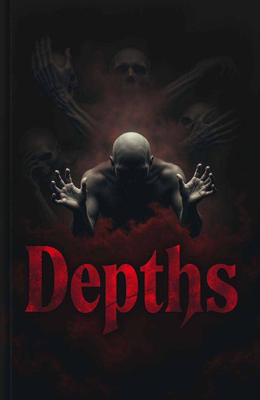 A book cover for "Depths" dominated by deep darkness, blended with tones of black and dark red, creating an oppressive atmosphere