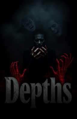 A book cover for "Depths" dominated by deep darkness, blended with tones of black and dark red, creating an oppressive atmosphere