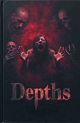 A book cover for "Depths" dominated by deep darkness, blended with tones of black and dark red, creating an oppressive atmosphere