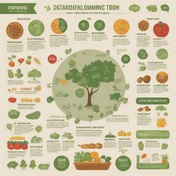 Create an infographic, filled with graphs, icons and illustrations depicting various aspects of sustainable food, including organic farming, locally sourced crops, vegan meals, and zero waste practices.