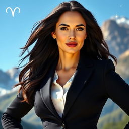 A beautiful Capricorn woman standing confidently in a serene outdoor setting, dressed in elegant, tailored business attire that showcases her professional elegance