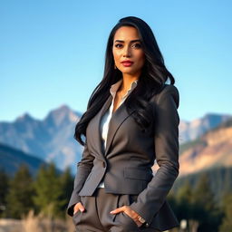 A beautiful Capricorn woman standing confidently in a serene outdoor setting, dressed in elegant, tailored business attire that showcases her professional elegance