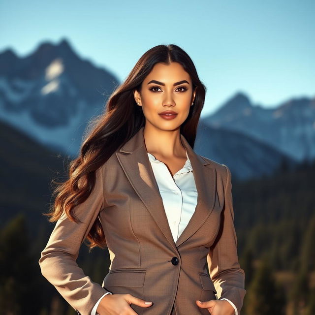 A beautiful Capricorn woman standing confidently in a serene outdoor setting, dressed in elegant, tailored business attire that showcases her professional elegance