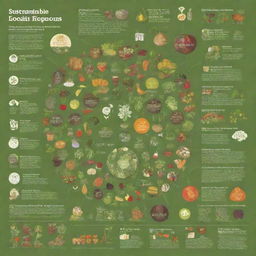 Create an infographic, filled with graphs, icons and illustrations depicting various aspects of sustainable food, including organic farming, locally sourced crops, vegan meals, and zero waste practices.