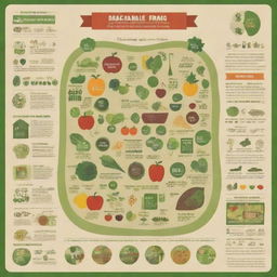 Create an infographic, filled with graphs, icons and illustrations depicting various aspects of sustainable food, including organic farming, locally sourced crops, vegan meals, and zero waste practices.