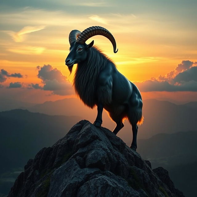 A majestic Capricorn, depicted as a powerful goat with a stunning, glossy coat, standing atop a rocky mountain peak against a dramatic sunset sky