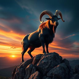 A majestic Capricorn, depicted as a powerful goat with a stunning, glossy coat, standing atop a rocky mountain peak against a dramatic sunset sky