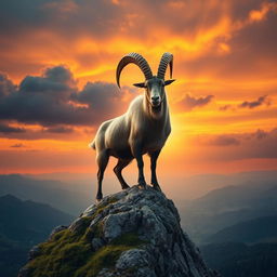 A majestic Capricorn, depicted as a powerful goat with a stunning, glossy coat, standing atop a rocky mountain peak against a dramatic sunset sky