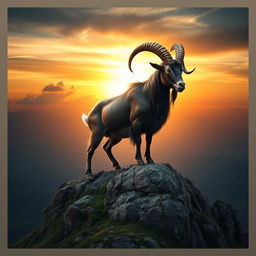 A majestic Capricorn, depicted as a powerful goat with a stunning, glossy coat, standing atop a rocky mountain peak against a dramatic sunset sky