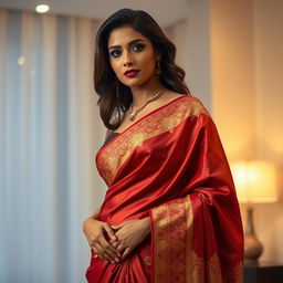 A beautiful South Asian woman wearing a traditional saree that accentuates her form, with the fabric delicately draped to reveal her navel