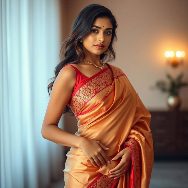 A beautiful South Asian woman wearing a traditional saree that accentuates her form, with the fabric delicately draped to reveal her navel