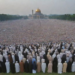 A resurrection scene of humanity gathered in an expansive, ethereal field of judgement, known as the Padang Mahsyar in Islamic eschatology