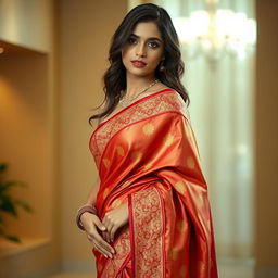 A beautiful South Asian woman wearing a traditional saree that accentuates her form, with the fabric delicately draped to reveal her navel