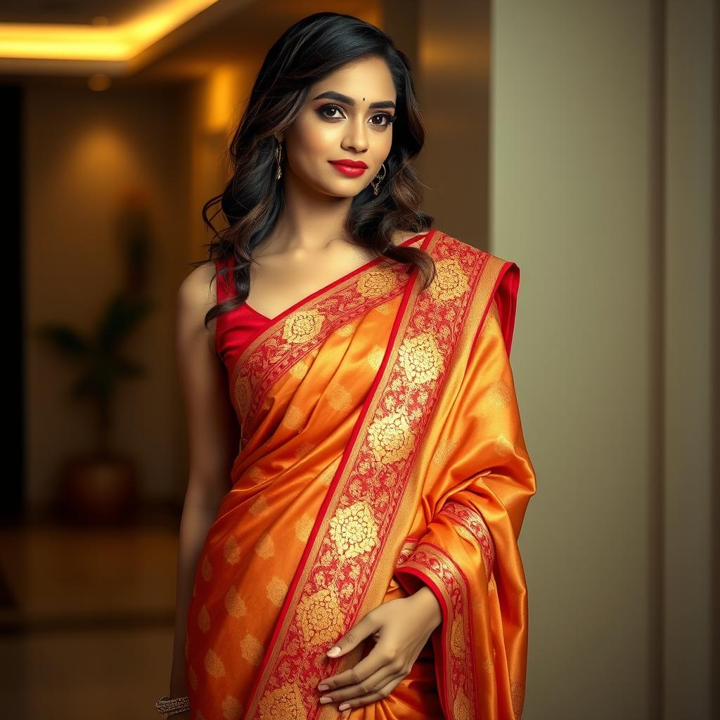 A beautiful South Asian woman wearing a traditional saree that accentuates her form, with the fabric delicately draped to reveal her navel