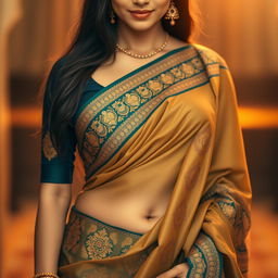 A beautiful portrait of an Indian woman draped in a stunning saree, showcasing intricate patterns and vibrant colors