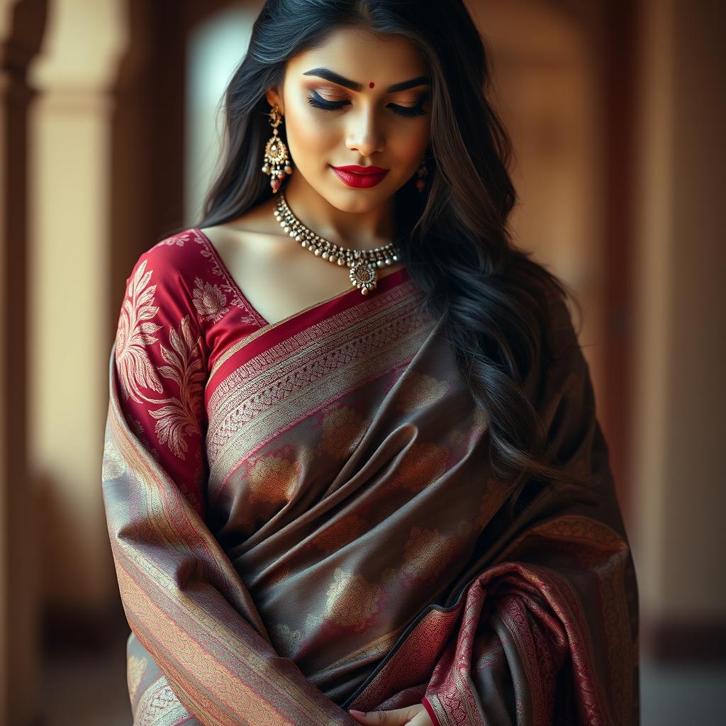 A beautiful portrait of an Indian woman draped in a stunning saree, showcasing intricate patterns and vibrant colors