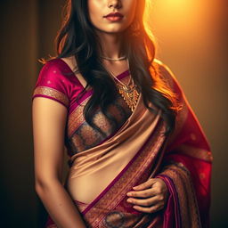 A beautiful portrait of an Indian woman draped in a stunning saree, showcasing intricate patterns and vibrant colors