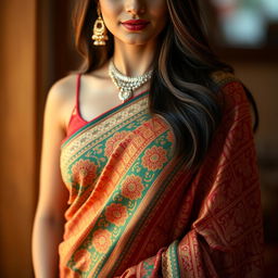 A beautiful portrait of an Indian woman draped in a stunning saree, showcasing intricate patterns and vibrant colors