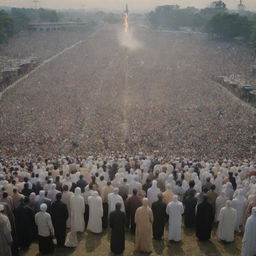 A resurrection scene of humanity gathered in an expansive, ethereal field of judgement, known as the Padang Mahsyar in Islamic eschatology