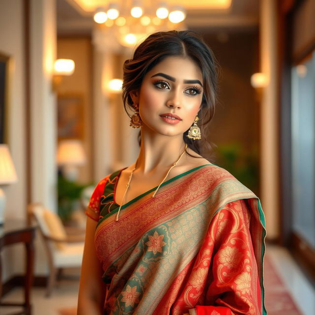 A beautiful young woman dressed in a traditional saree, featuring intricate patterns and vibrant colors