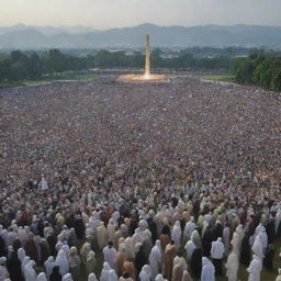 A resurrection scene of humanity gathered in an expansive, ethereal field of judgement, known as the Padang Mahsyar in Islamic eschatology