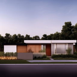 Generate a front elevation view of a single-story house in a modern architectural style