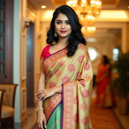 A beautiful young woman dressed in a traditional saree, featuring intricate patterns and vibrant colors